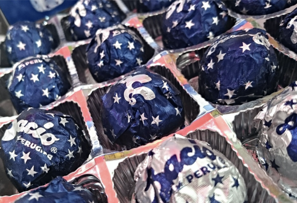 A tray of Baci chocolates in a shop in Italy